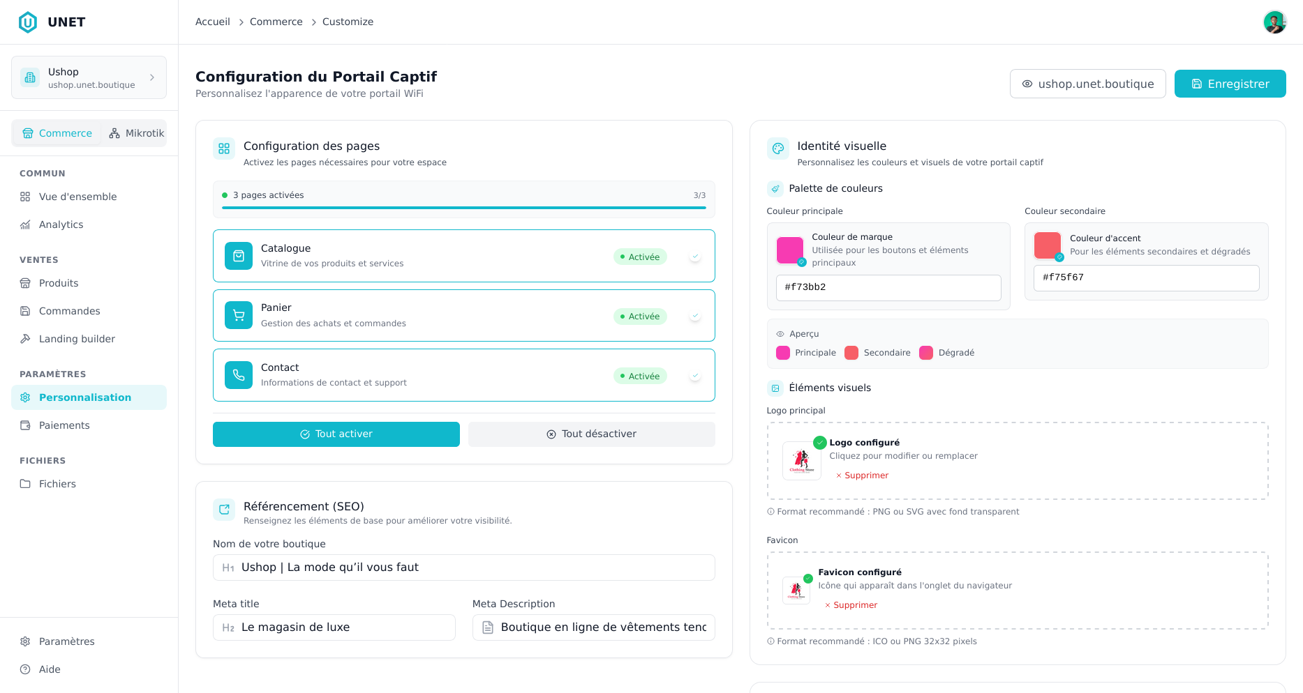 Interface e-commerce Unet